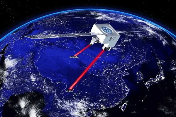 Satellite chinois en orbite au-dessus de la Terre, transmettant des données vers Delingha et Lijiang.