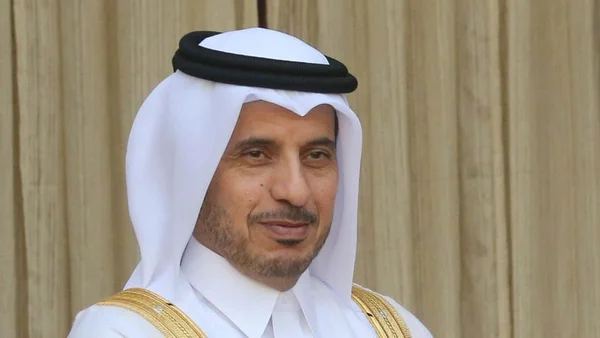 Le Premier ministre du Qatar cheikh Mohammed ben Abdelrahmane Al-Thani lors d'une déclaration.