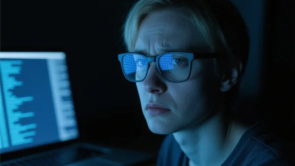 Premier plan d'un utilisateur assis dans l'obscurité face à un ordinateur portable, seul visage éclairé par l'écran bleu, reflets de données dans les lunettes, atmosphère inquiétante de surveillance numérique