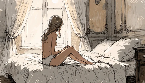 Personne seule assise sur le bord d'un lit regardant par la fenêtre la nuit, silhouette mélancolique