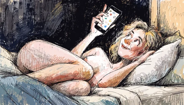 Premier plan d'un pouce hésitant au-dessus de l'écran d'un smartphone allumé dans une pièce sombre, légère flou de mouvement pour montrer l'hésitation