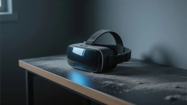Casque de réalité virtuel abandonné sur un bureau moderne poussiéreux, côté d'une pièce sombre, reflets bleus froids sur la visière, lumière ambiante grise