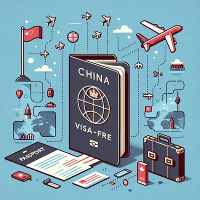 Illustration d'un passeport chinois au centre d'icônes représentant le tourisme international.