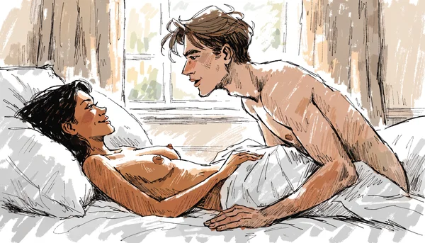 Couple nu dans un lit au moment de l'intimité, l'un des deux partenaires se redresse légèrement comme pour prendre la parole, mains posées sur les draps