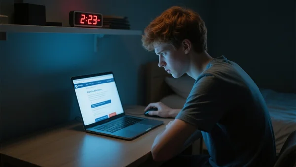 Adolescent assis seul devant un ordinateur portable dans une chambre sombre, le visage éclairé par la lueur de l'écran affichant Parcoursup, regard tendu et anxieux, main posée sur la souris, heure tardive affichée sur une horloge en arrière-plan