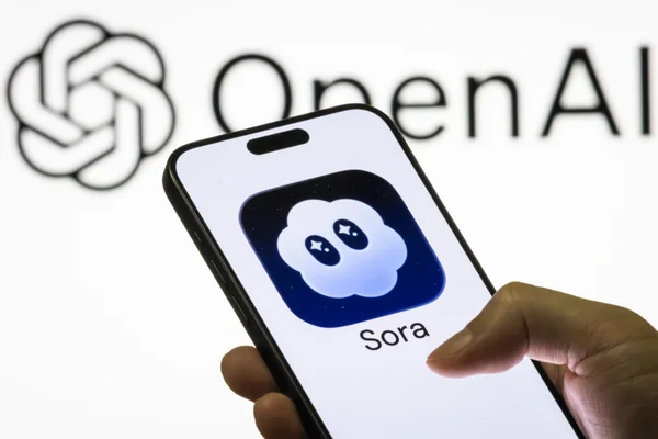 Un smartphone affichant l'icône de l'application Sora tenu en main devant le logo OpenAI.
