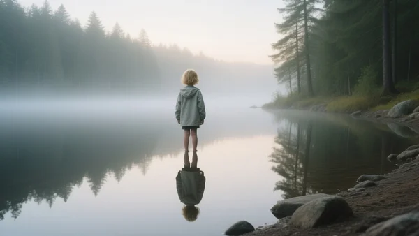 Vue de dos d'un enfant debout au bord d'un lac forestier sous la brume du matin, silhouette solitaire devant une étendue d'eau calme et miroitante