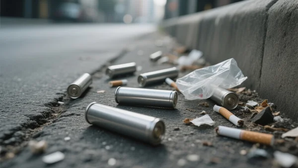 Plan serré sur des cartouches en aluminium de protoxyde d'azote vides dispersées sur le bitume, au milieu de détritus urbains, lumière grise et diffuse