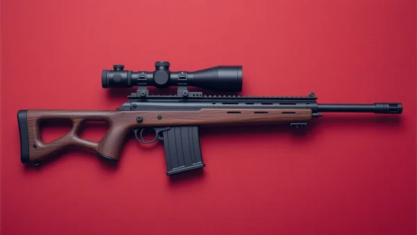 Fusil de précision SVD posé sur un fond rouge uni, vue de profil pour montrer le chargement et la lunette de visée