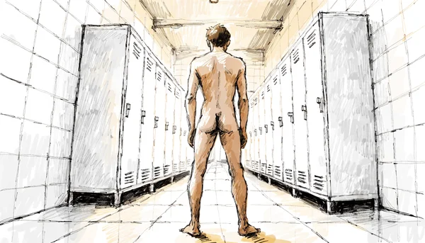 Corps d'homme nu debout de dos dans un vestiaire aux carreaux de faïence, lignes de fuite accentuant la perspective