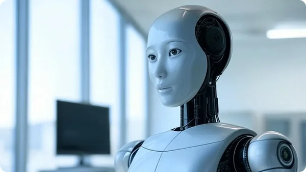 Robotique avancée : un robot humanoïde intégrant les modèles de Google Gemini dans un bureau.