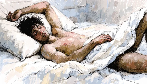 Plan rapproché d'un homme allongé sur un lit en érection, vu sous un angle de trois quarts, draps blancs en brossant l'objectif