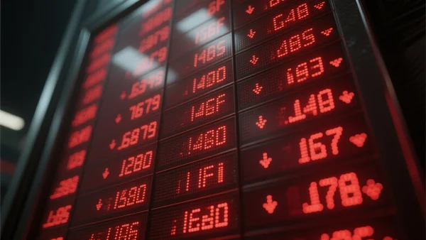 Premier plan d'un tableau électronique boursier rouge affichant des chiffres en baisse, flèches pointant vers le bas, reflets sur l'écran