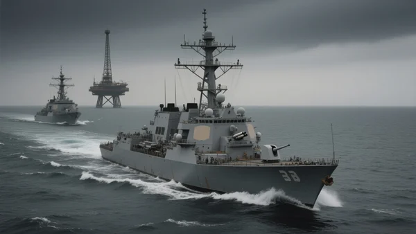 Deux navires de guerre américains traversant le golfe Persique sous un ciel bas, silhouette sombre d'une plateforme pétrolière iranienne à l'horizon, lumière grise et menaçante