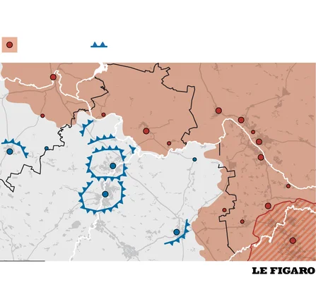 Carte économique et démographique du Donbass avec les secteurs industriels et la ligne de front.