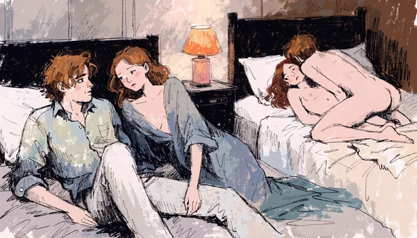 Un couple regardant deux autres personnes faire l'amour sur un lit voisin, position de voyeurisme dans une chambre feutrée