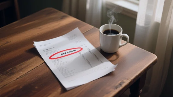 Facture de chauffage électricité avec montant élevé surligné en rouge posée sur table en bois, tasse de café à côté, lumière tamisée d'intérieur