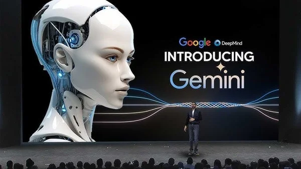 Conférencier sur scène présentant le modèle Google DeepMind Gemini derrière un écran géant.