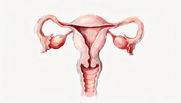 Illustration anatomique artistique du système génital féminin de profil, montrant la paroi vaginale, les glandes de Bartholin à l'entrée et l'urètre, dans un style éducatif épuré