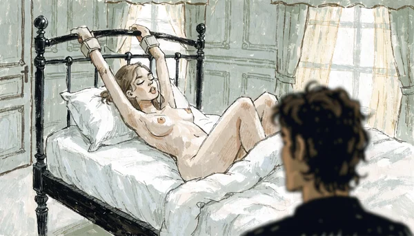 Femme attachée par des menottes aux barreaux d'un lit, corps offert, partenaire masculin au premier plan flouté