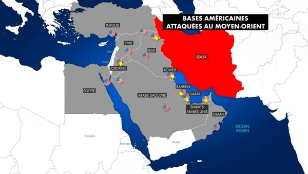 Carte du Moyen-Orient montrant les bases militaires américaines et l'Iran en rouge.