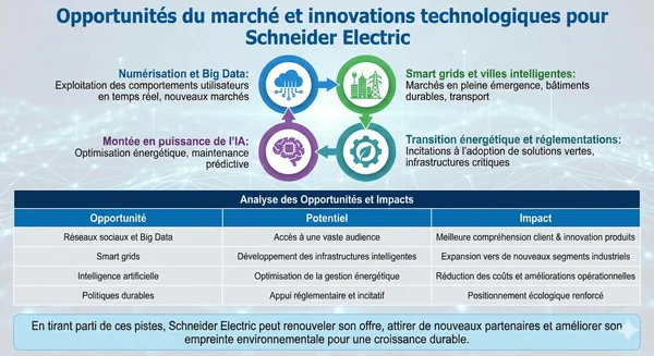 Infographie détaillant les opportunités technologiques de Schneider Electric, incluant la croissance de l'IA et la transition énergétique.