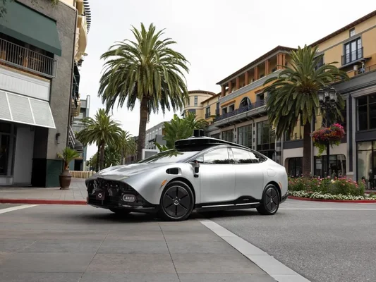 La voiture autonome Tensor stationnée sur une rue pavée dans un quartier commercial avec des palmiers.