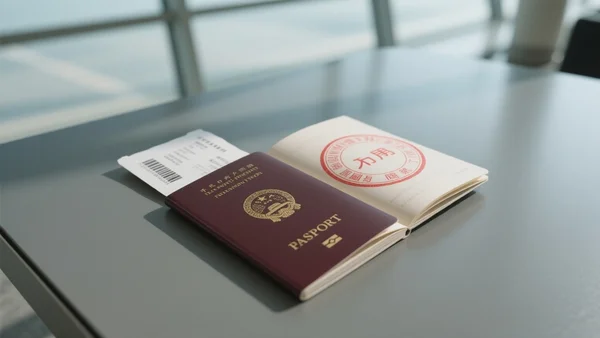 Premier plan d'un passeport français ouvert tamponné avec un cachet d'entrée en Chine, posé sur une table d'aéroport avec un billet d'avion à côté, lumière naturelle venant d'une grande baie vitrée