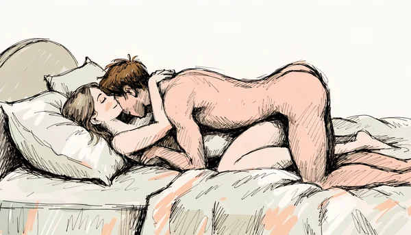 Pénétration vaginale en missionnaire, homme et femme nus enlacés sur un lit, le corps du partenaire appuyé contre le pubis de la femme pour stimuler le clitoris