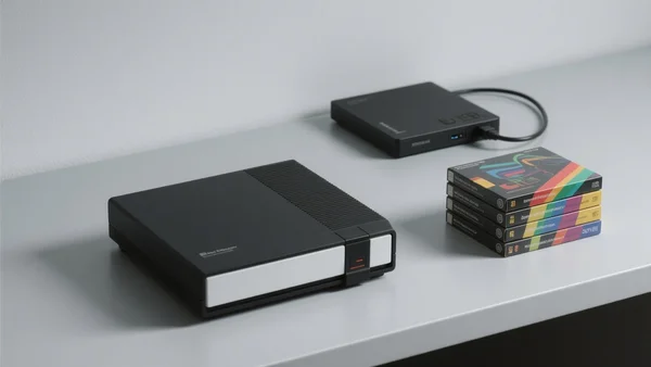 Mannequin de console de jeu vidéo noir et blanc posé sur une surface lisse, à côté d'une pile de boîtes de jeux physiques et d'un lecteur de disque externe débranché, lumière froide et minimaliste