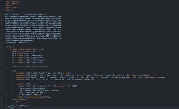 Code Python affichant des opérations cryptographiques et des commandes de sous-processus.