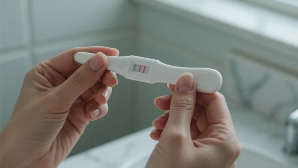 Plan serré d'un test de grossesses positif tenu par des mains incertaines sur un fond de salle de bain flou