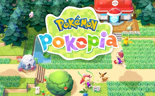 Capture d'écran lumineuse de Pokémon Pokopia avec Pikachu et Évoli dans un décor naturel et verdoyant.