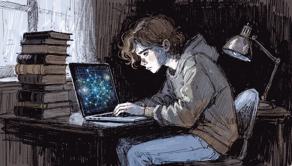 Élève adolescent penché sur un bureau, visage éclairé par l'écran d'un ordinateur portable affichant une interface d'intelligence artificielle, chambre sombre, atmosphère concentrée