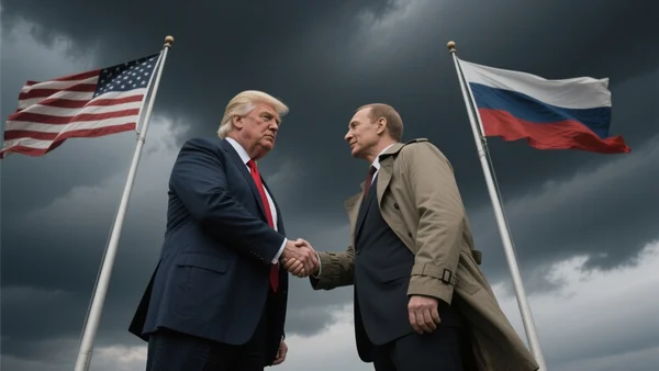 Vue en contre-plongée de deux silhouettes masculines puissantes se serrant la main devant un ciel orageux, Donald Trump en costume sombre et Vladimir Poutine en trench-coat, entourés de drapeaux américains et russes flottant au vent violent
