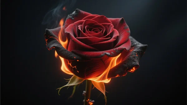 Premier plan d'une rose écarlate enflammée dont les pétales se consument lentement dans une obscurité profonde, braises incandescentes à la base