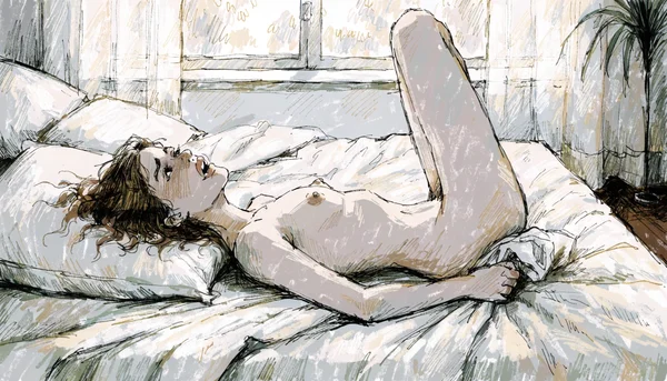Femme nue allongée sur un lit, expression de plaisir intense et d'inquiétude mêlées, main crispée sur les draps
