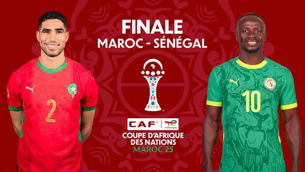 Affiche de la finale opposant le Maroc et le Sénégal pour la CAN 2025.