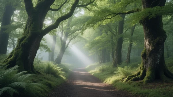 Allée forestière dense dans la forêt de Paimpont, rayons de lumière filtrant à travers les feuillus, brume légère au sol, atmosphère mystérieuse et ancienne