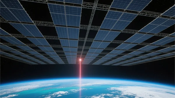 Panneaux solaires géants flottant en orbite terrestre, la courbe bleue de la Terre en arrière-plan, faisceau lumineux infrarouge descendant vers la surface, vue spatiale en contre-plongée