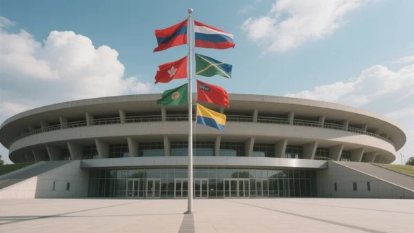 Drapeaux nationaux de différents pays flottant au vent sur un mât commun devant un stade moderne, ciel bleu nuageux