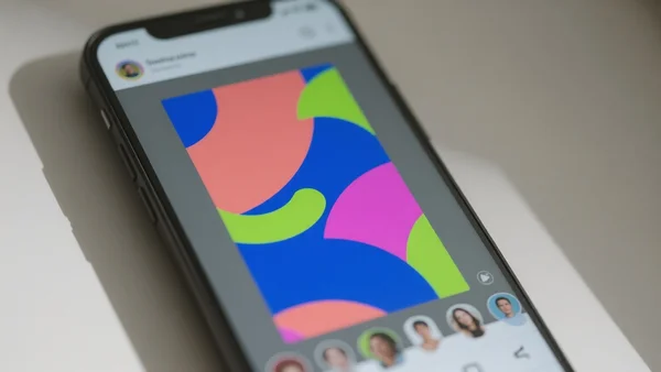 Vue rapprochée d'un écran de smartphone affichant une publicité verticale au format 9:16, aux couleurs vives, avec une interface d'application de réseau social visible en arrière-plan