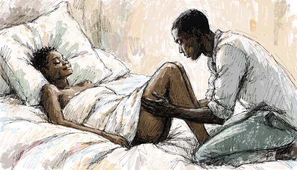 Plan serré sur la main d'un homme caressant doucement la vulve d'une femme allongée sur un lit, draps blancs, ambiance intime