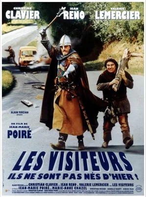 Affiche officielle de Les Visiteurs avec les deux protagonistes en armures sur une route contemporaine devant une voiture en flammes.