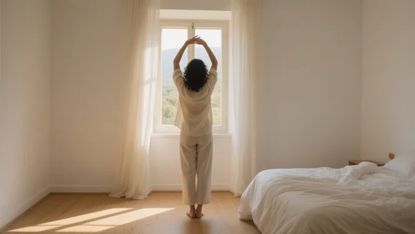Personne debout près d'une fenêtre grand ouverte inondée de lumière du matin, bras levés en étirement doux, visage serein, pièce calme et baignée de soleil