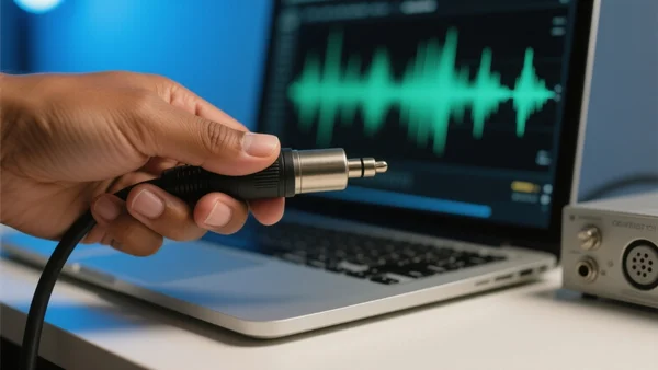 Premier plan d'une main humaine ajustant des câbles audio connectés à un ordinateur portable affichant une forme d'onde sonore numérique complexe, lumière bleue de studio