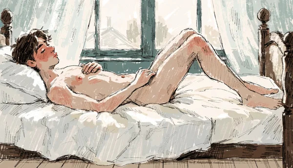 Homme nu pratiquant une masturbation seul sur un lit, main sur son sexe, expression de concentration et de plaisir, lumière naturelle