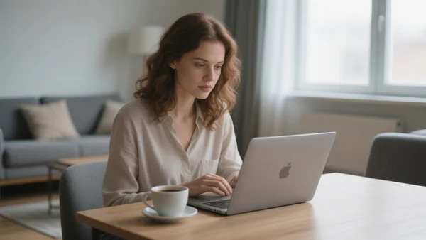 Personne assise devant un ordinateur portable dans un salon moderne, concentrée sur l'écran, tasse de café à côté, lumière naturelle entrant par la fenêtre