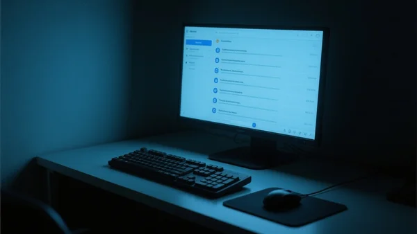 Écran d'ordinateur allumé dans une chambre sombre, affichant des fils de discussion avec des messages et des symboles d'extrême droite, lumière bleutée du moniteur éclairant un clavier, atmosphère sombre et inquiétante