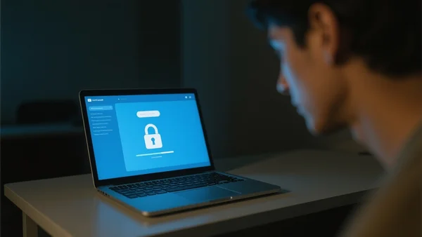 Gros plan sur un ordinateur portable ouvert dans une pièce sombre, l'écran affiche une interface de messagerie électronique avec un cadenas fermé et une barre de chargement, lumière bleutée du reflet de l'écran sur le visage flouté d'une personne à côté